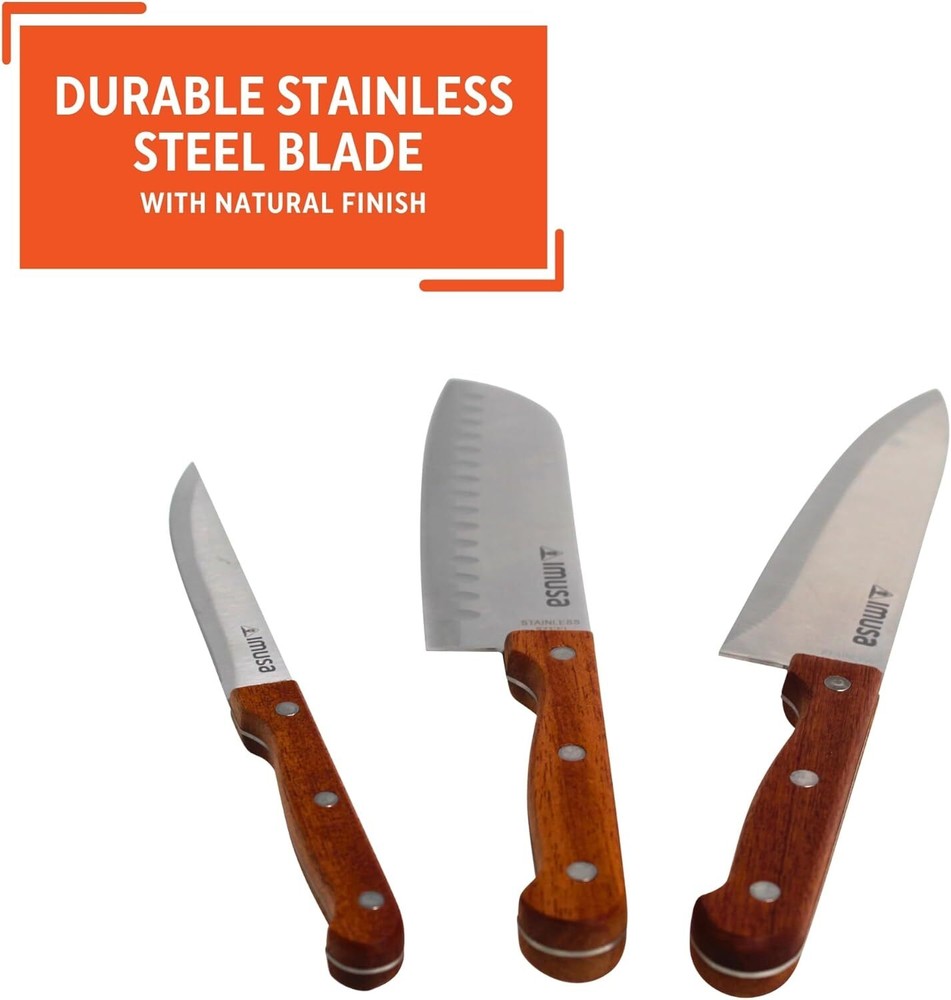 3pc Wood Handle Knife Set - 8” Chef, 7” Santoku, 5” Utility Knives