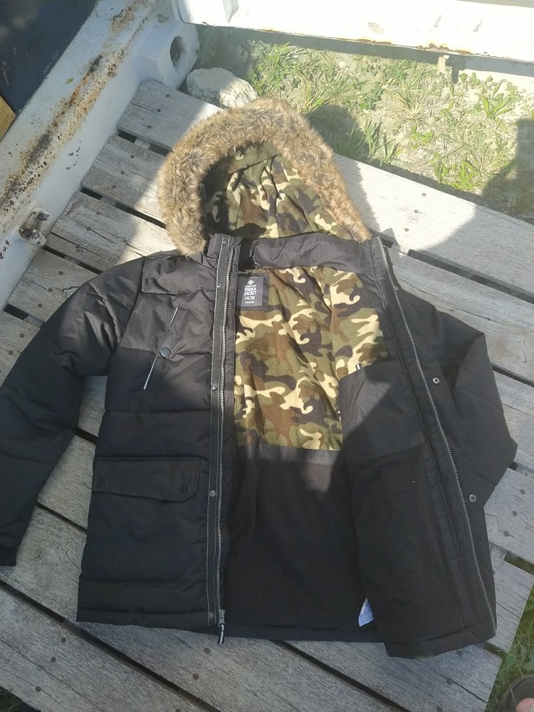 Members Mark Boys Fleece-Lined Parka Coat Black Camo Size 14/16 Recycled Material-image