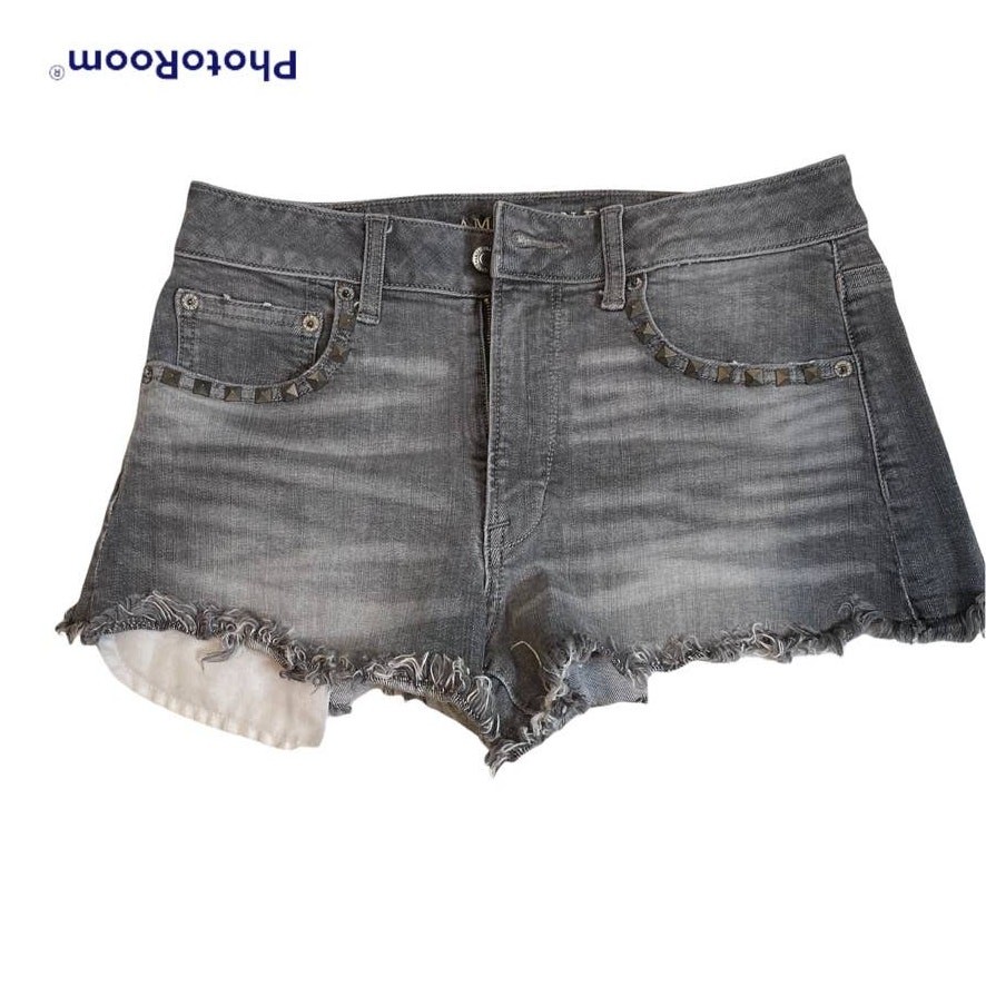 AMERICAN EAGLE High Rise Studded Festival Shorts Washed Black Grey Cut Off Size 6