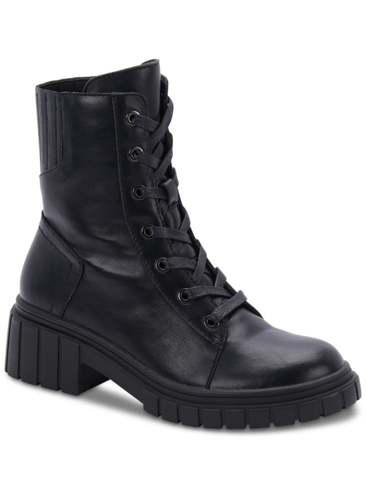 AQUA COLLEGE Womens Black Up Perel Round Toe Block Heel Leather Combat Boots 6 M