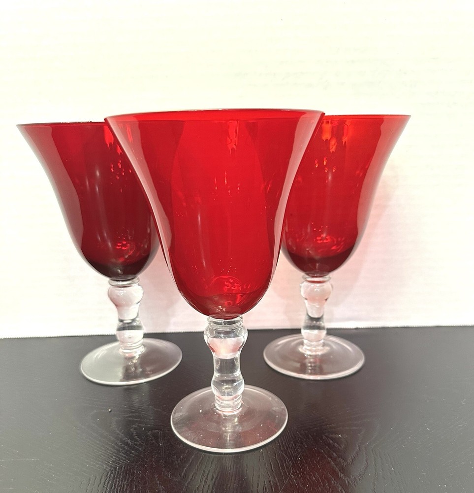Ruby Red Bell Shaped Wine Goblets Set of 3 Clear Flared Vintage Bowls
