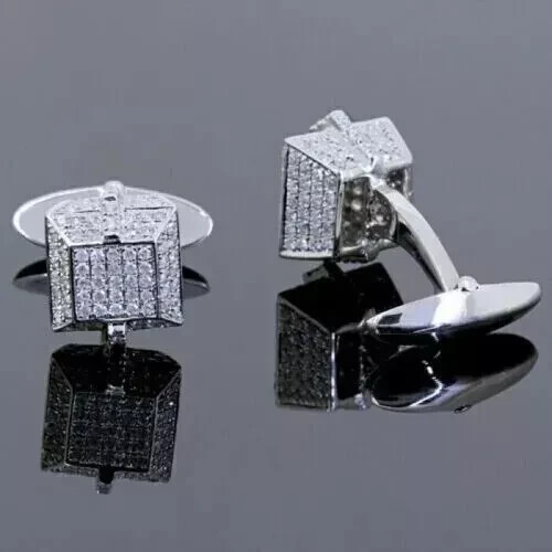 2CT Round Lab Created Diamond Men's Casual Shirt Cufflink 14K White Gold Plated