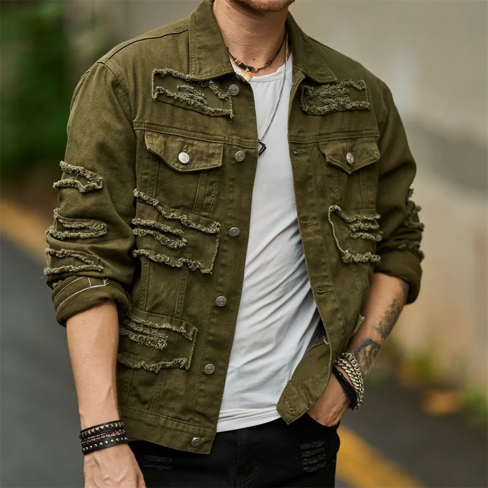 Men's Distressed Denim Trucker Jacket Urban Retro Ripped Jean Coat Outerwear