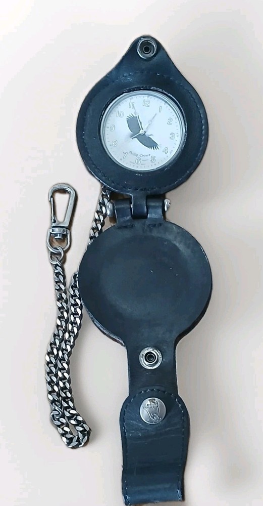 Phillip Crowe Eagle Pocket Watch • Leather Case & Chain • Quartz • Needs Battery