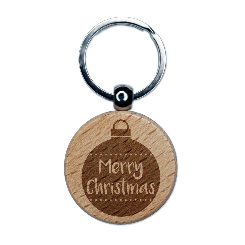 Holiday Ornament Merry Christmas Engraved Wood Round Keychain Tag Charm