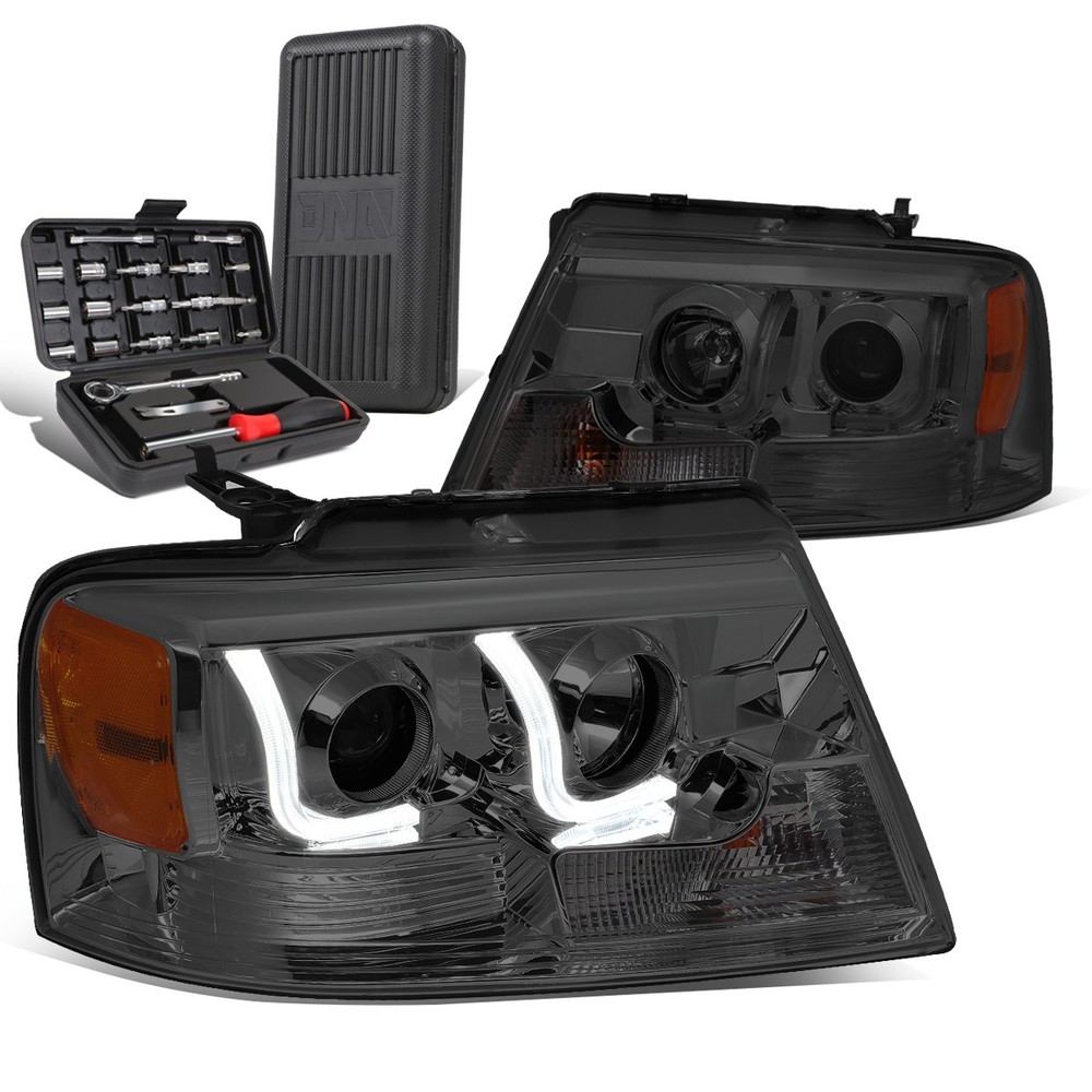 2004-2008 Ford F-150 Smoked Amber LED DRL Projector Headlights with Tool Box  