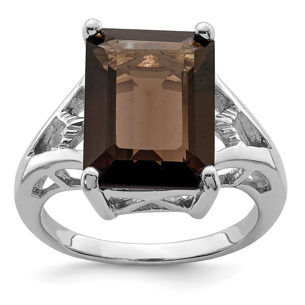 925 Sterling Silver Rhodium Smoky Quartz Ring Size 7