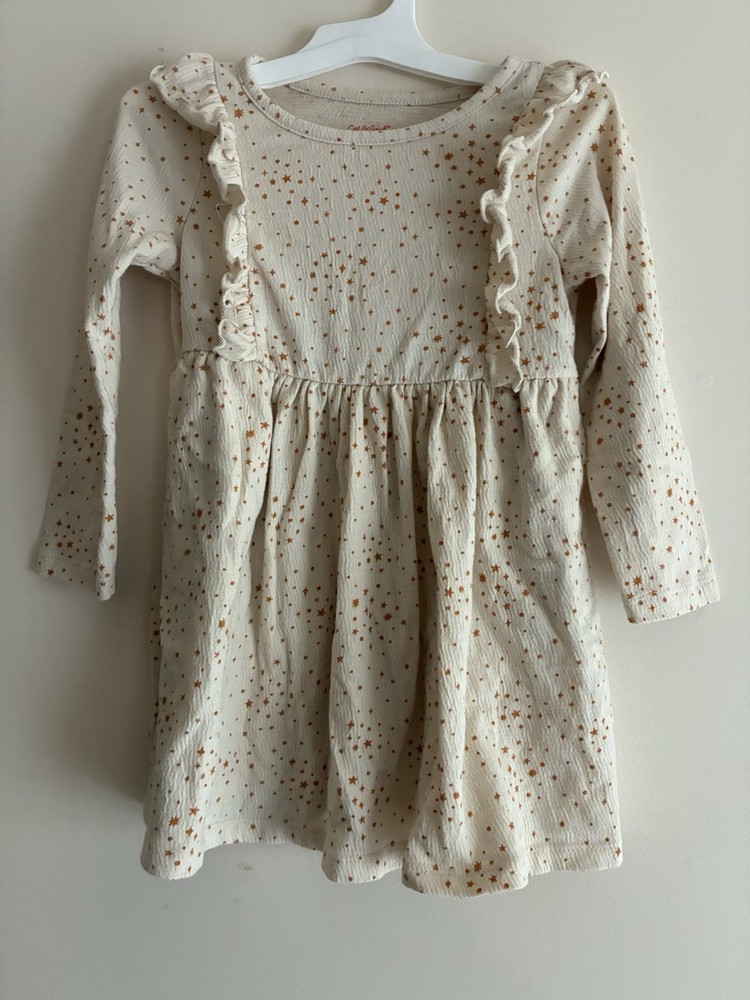 Cat & Jack Toddler Girls Stars Ruffle Cotton Textured Long Sleeve Dress Cream 3T