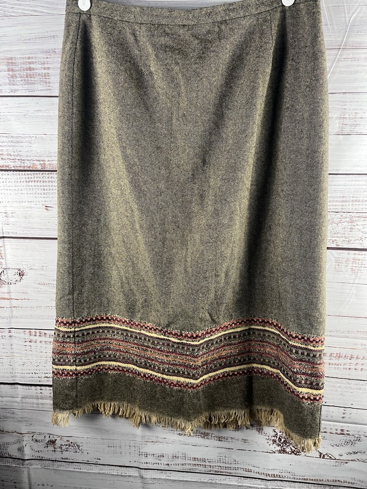 Sag Harbor Midi Skirt Women’s 18 VTG 90's Wool Blend Fringe Tan Black Lined