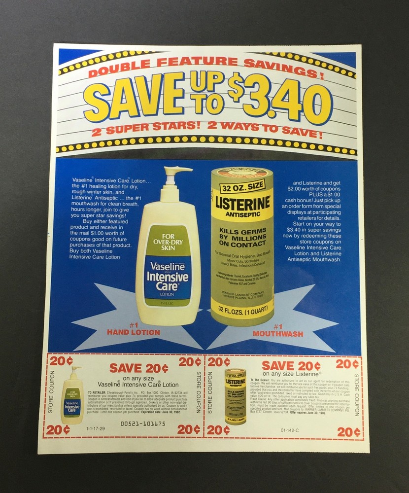 VTG 1982 Vaseline Intensive Care Lotion & Listerine Antiseptic Print Ad Coupon-image