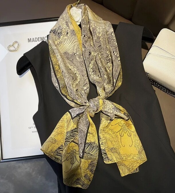 Double Sided 100% Mulberry Silk Long Scarf for Women with Yellow Floral Print 145x37cm-image