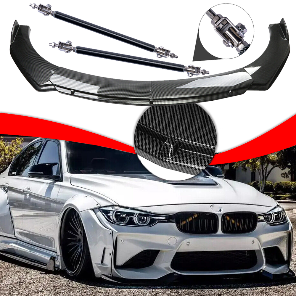 Universal For BMW Carbon Fiber Style Front Bumper Lip /Spoiler /Strut Rods