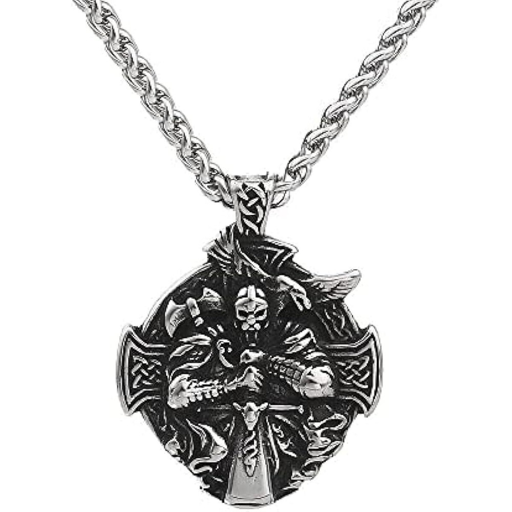 Mens Stainless Steel Viking Norse Axe Odin Raven Cross Pendant Necklace