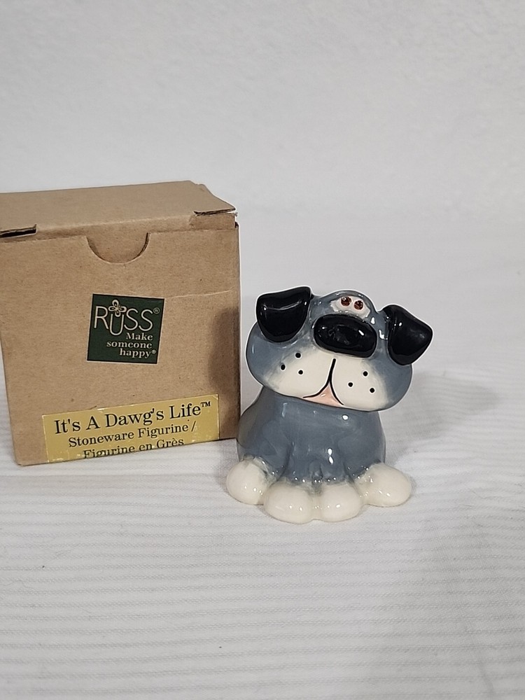 RUSS It's a Dawg's Life Stoneware Ceramic Gray Dog Figurine Artist Doug Harris