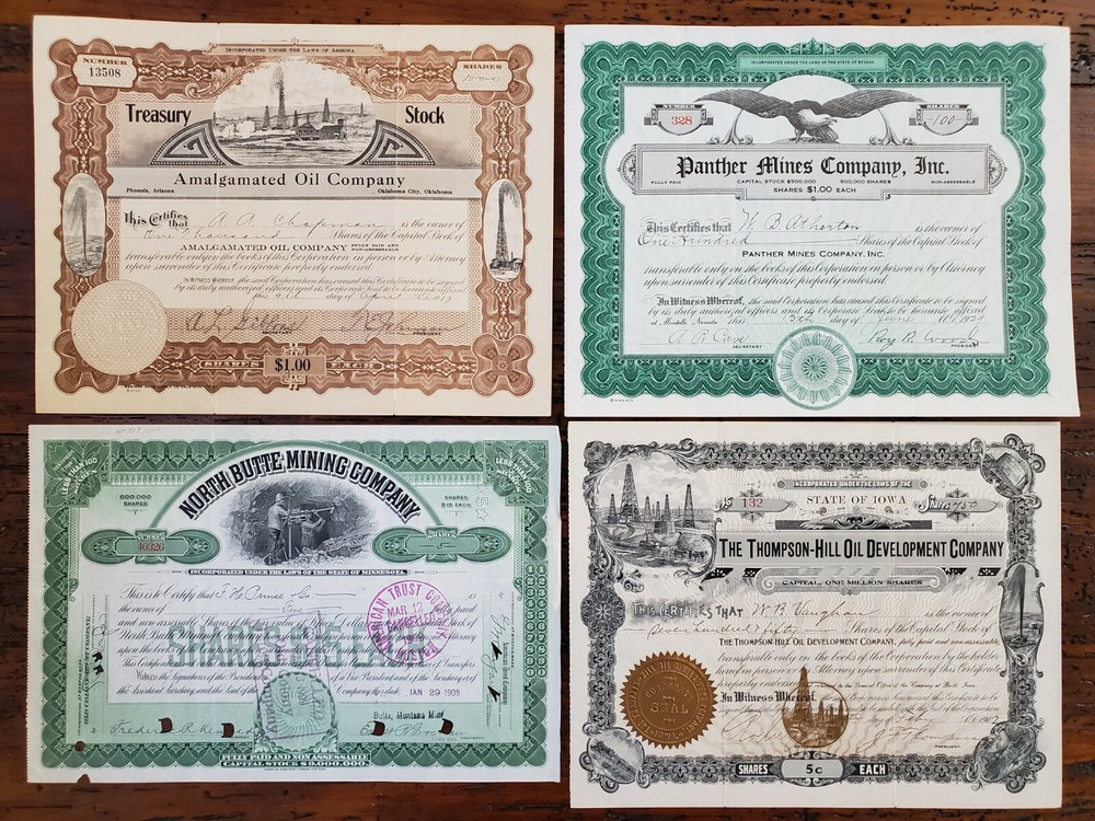 Vintage 1902-1929 US Mining & Oil Stock Certificates - AZ, NV, MN, IA