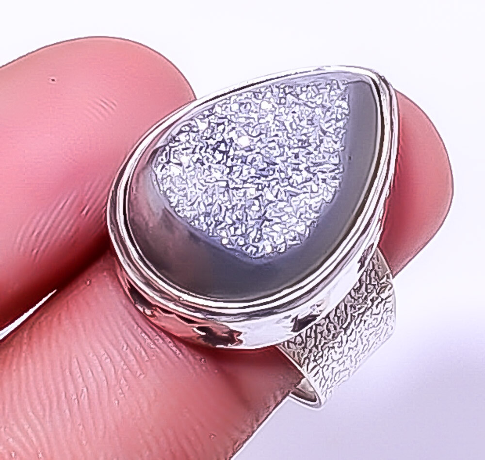 Titanium Silver Agate Drusy Gemstone 925 Sterling Silver Ring s.9 R7929-7 A358