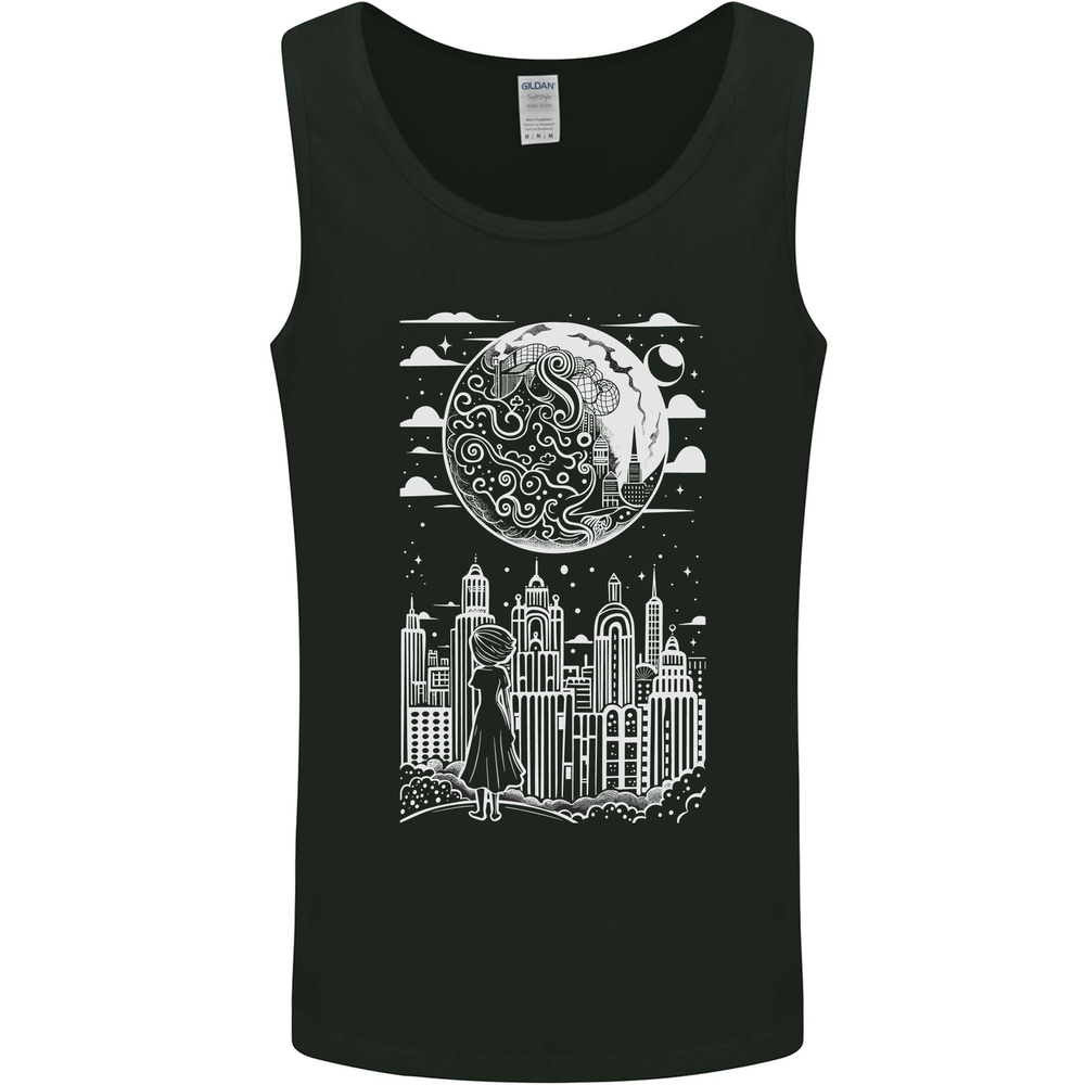 Fantasy City Black and White City Anime Mens Vest Tank Top