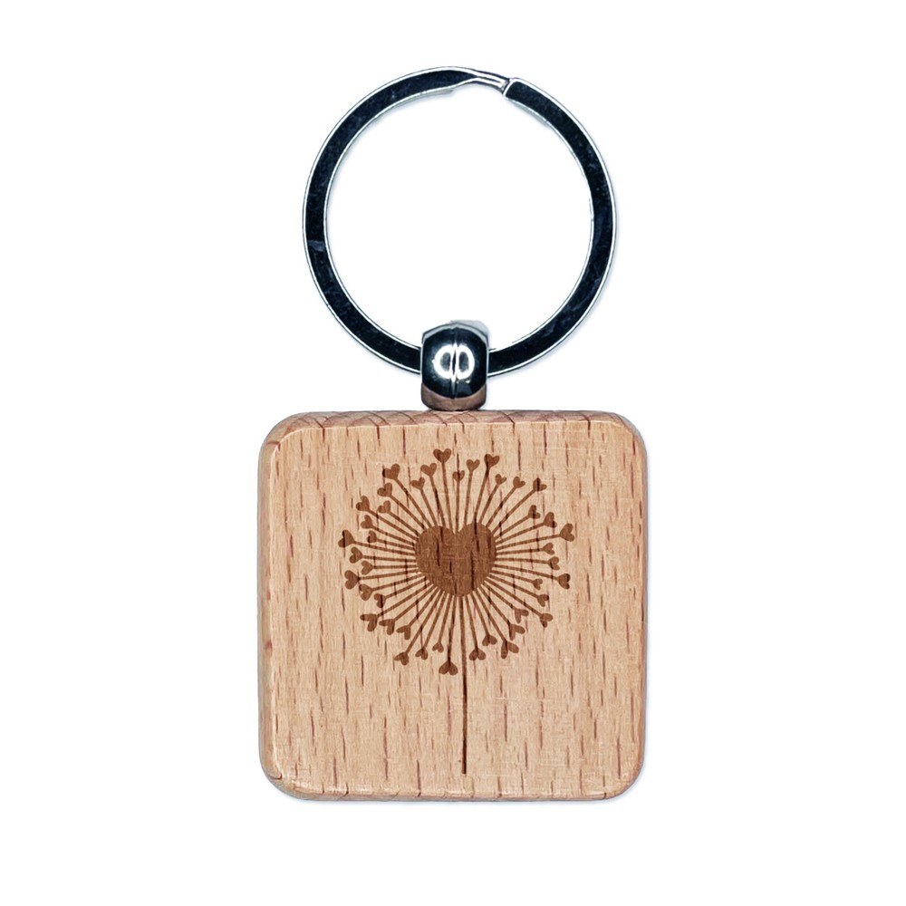 Heart Love Dandelion Engraved Wood Square Keychain Tag Charm