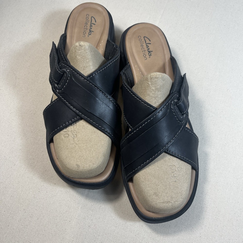Clarks Leather Coast Cross Slide Slip On Sandals Black Women Size 12