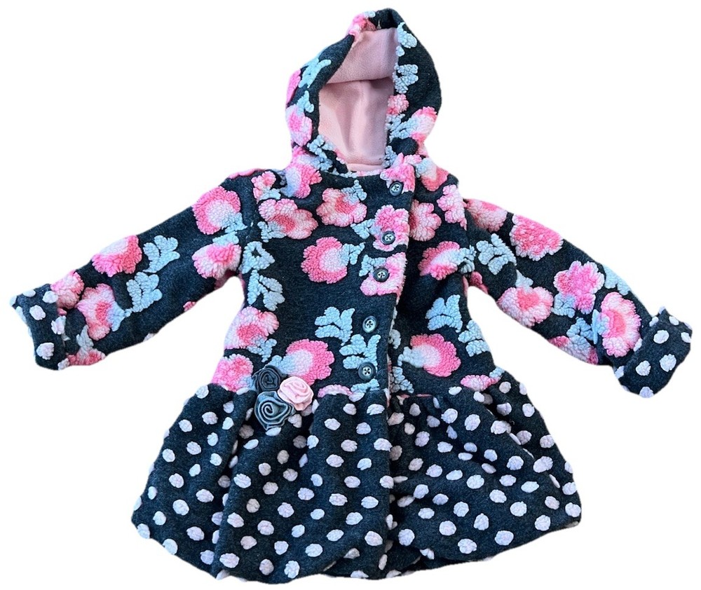 Carrousel Girls Fleece Coat Size 5 Pink Floral Polka Dot Hooded Jacket NWT