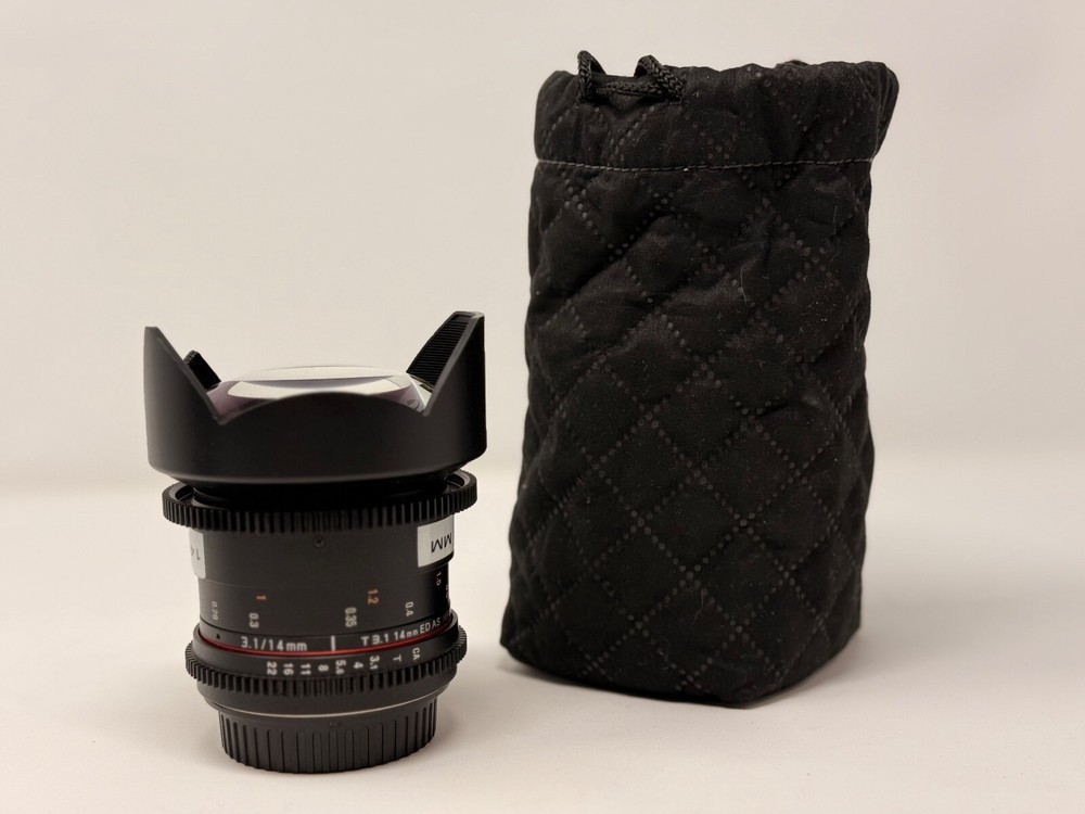 Rokinon 14mm T3.1 Cine DS Lens (Canon EF) – Fully Functional, Broken Lens Hood