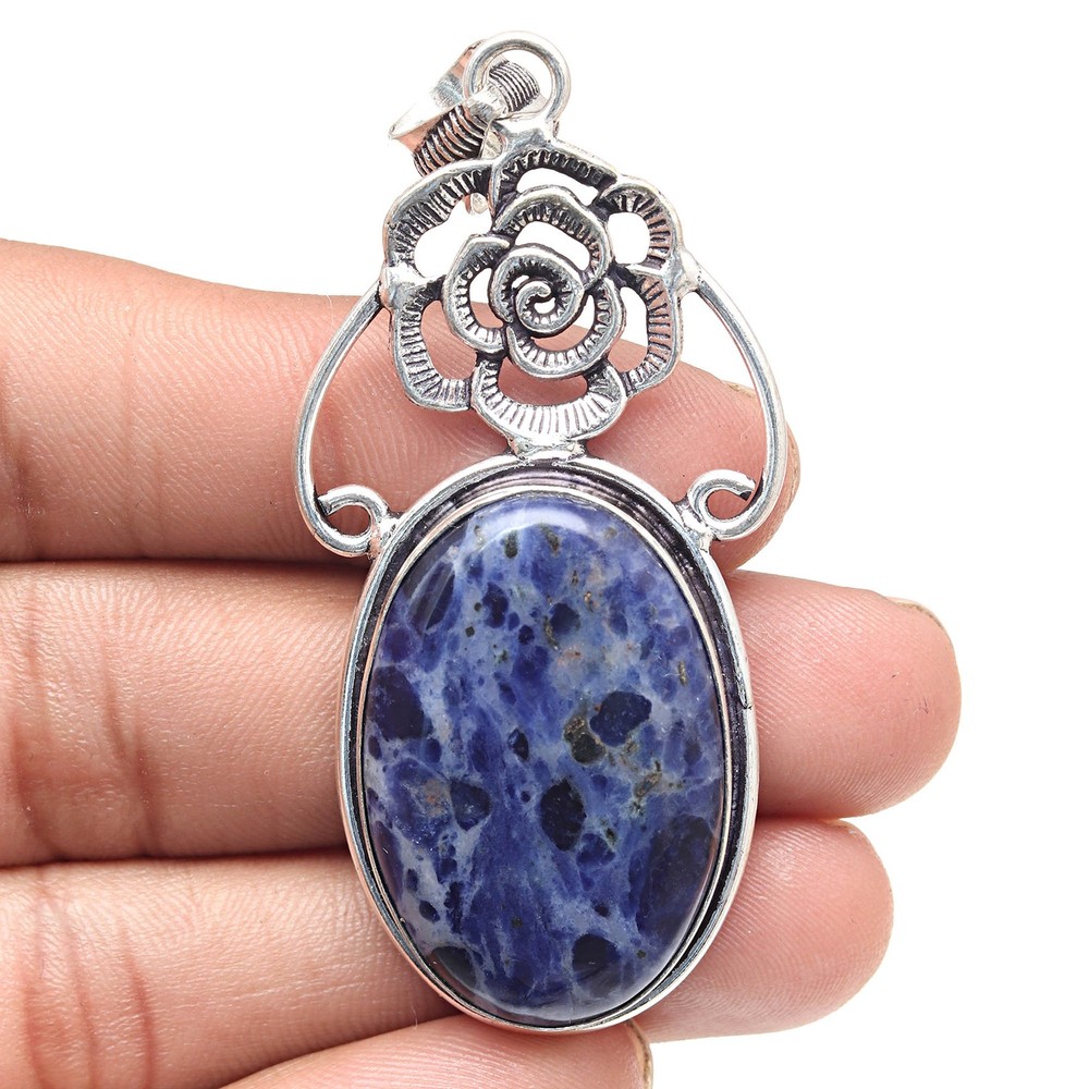 Sodalite Gemstone Pendant Handmade Ethnic Silver Jewelry Gift For Her 2.75 Inch