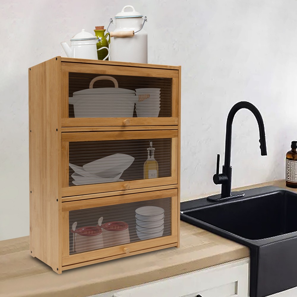 Bamboo Storage Cabinet Countertop Organizer for Kitchen Living Room