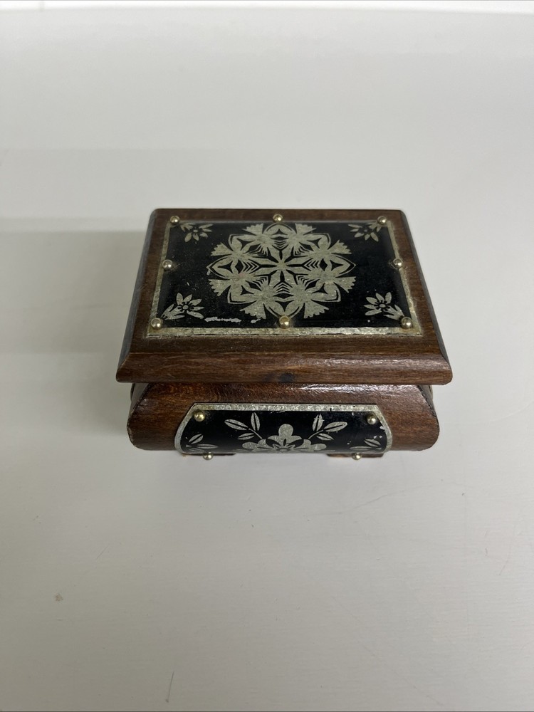 Vintage Wooden Trinket Box Black Inlay Floral Design Warszawa Poland