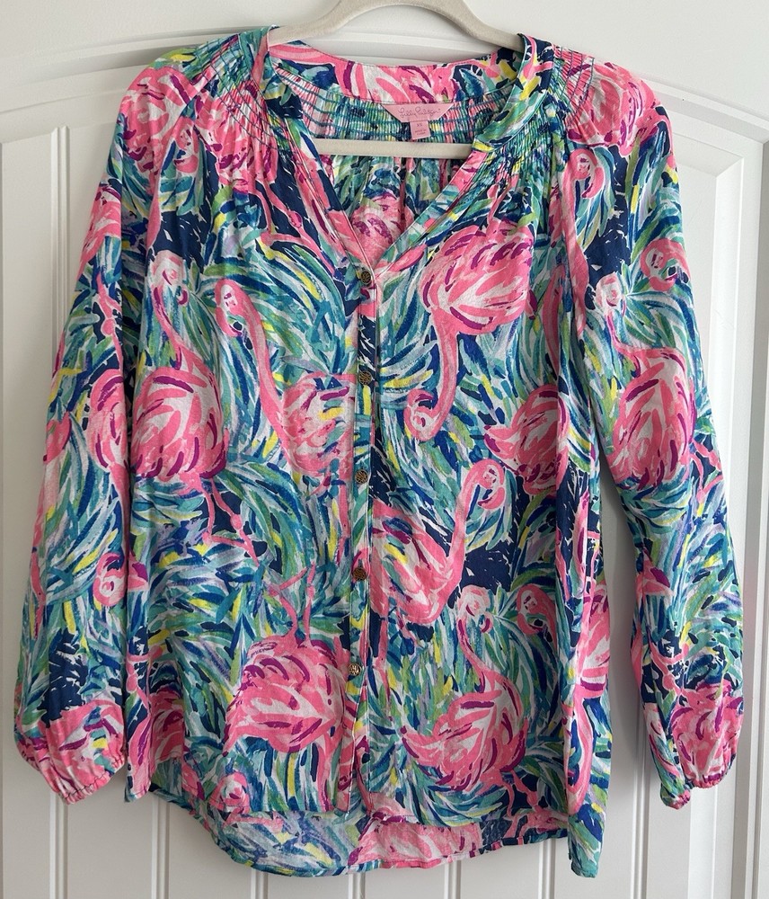 Lilly Pulitzer Flamingo Elsa Top Flamenco Beach Print Long Sleeves Women’s Sz XS