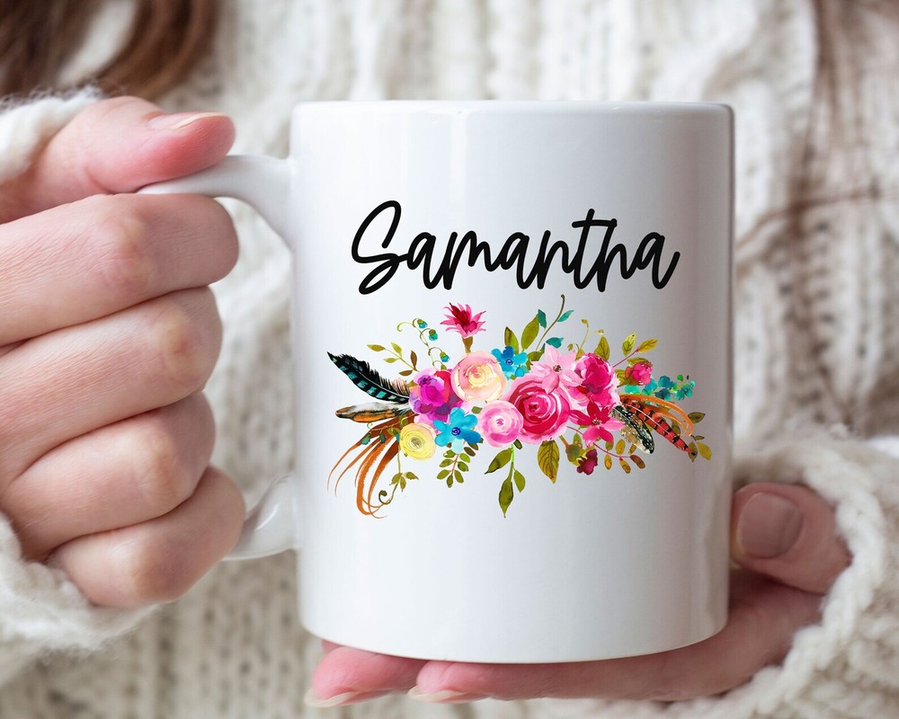 Personalized Name Coffee Mug Boho Watercolor Flowers Coffee Mug With Name Custom