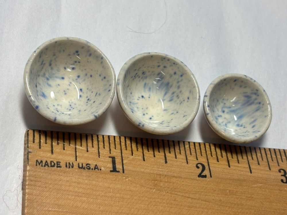 Vintage Miniature Dollhouse 3 Ceramic Kitchen Pottery Blue Speckled Bowls MCM