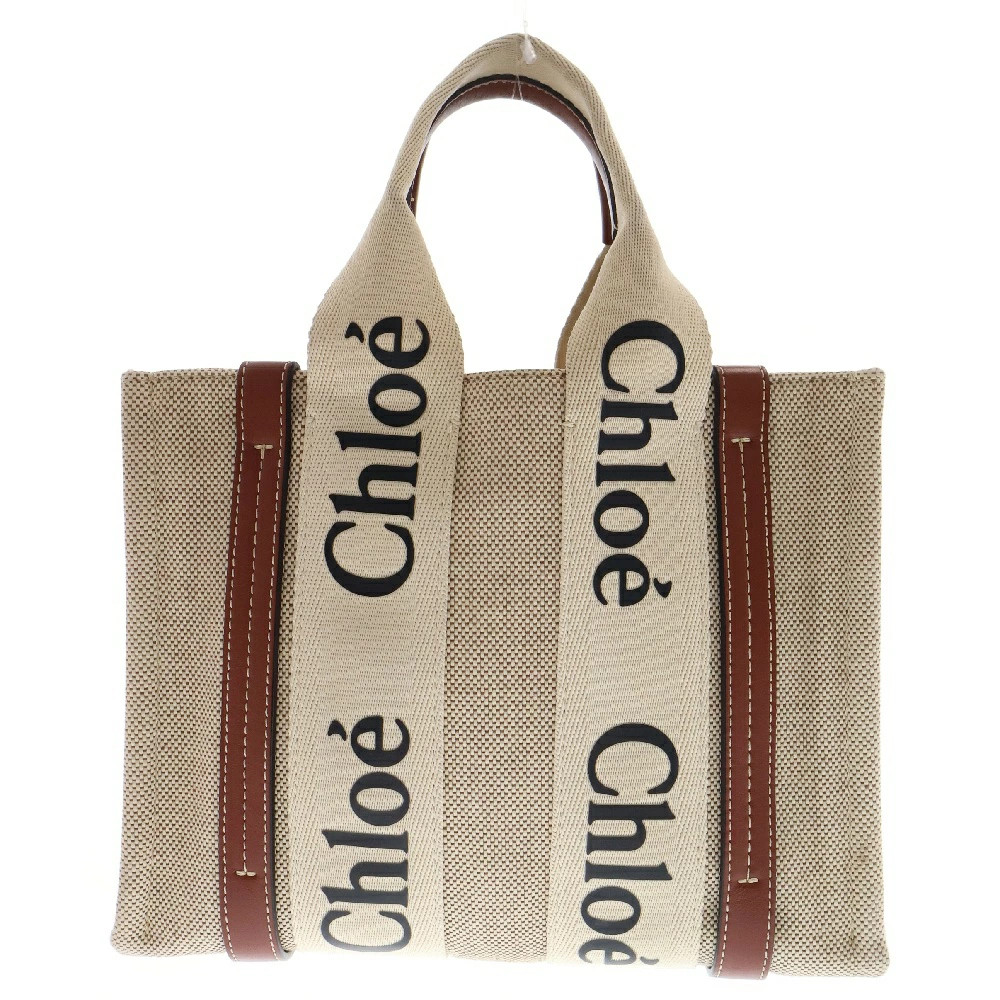 Chloe Small Woody Tote Bag in Beige Cotton Canvas Preowned Y0809