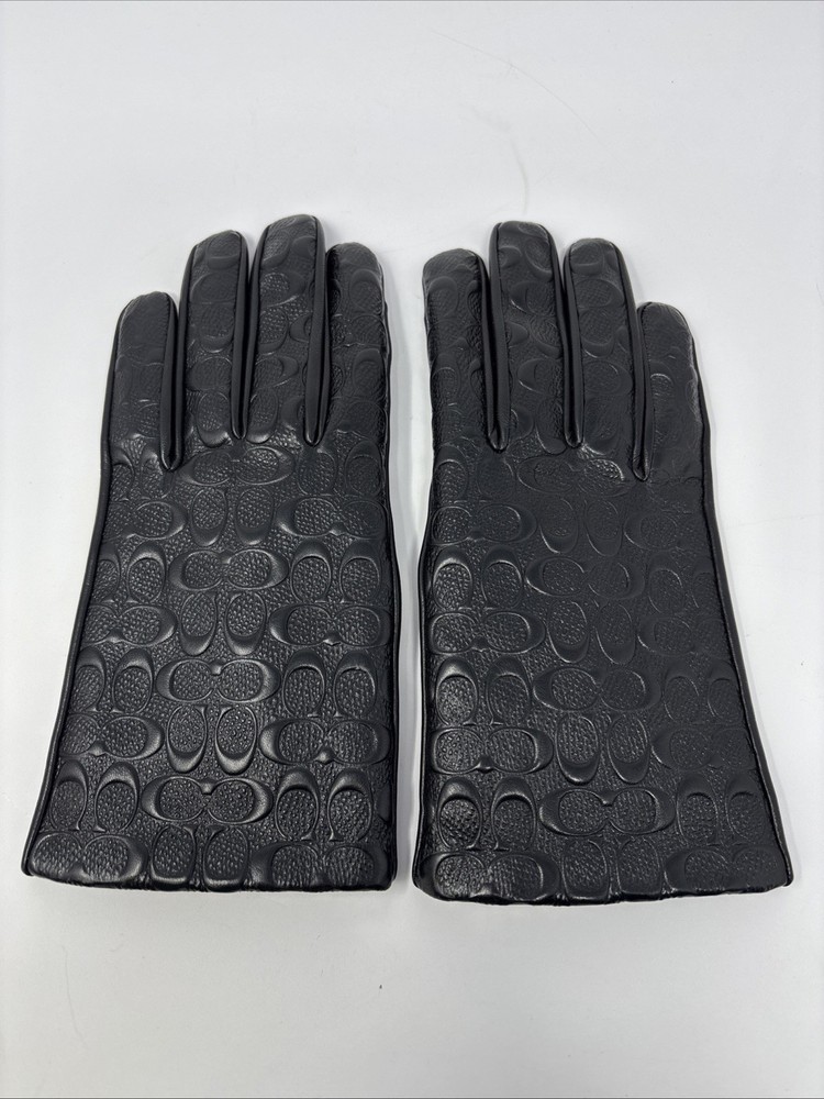 Coach Signature Black Leather Tech Gloves for Women Size 7 with Logo Embossed