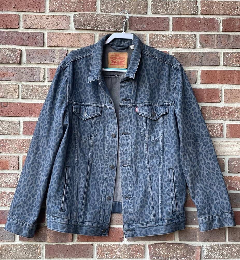 LEVIS Cheetah Trucker Jean Jacket Denim Animal Print Blue Grey Men's XL