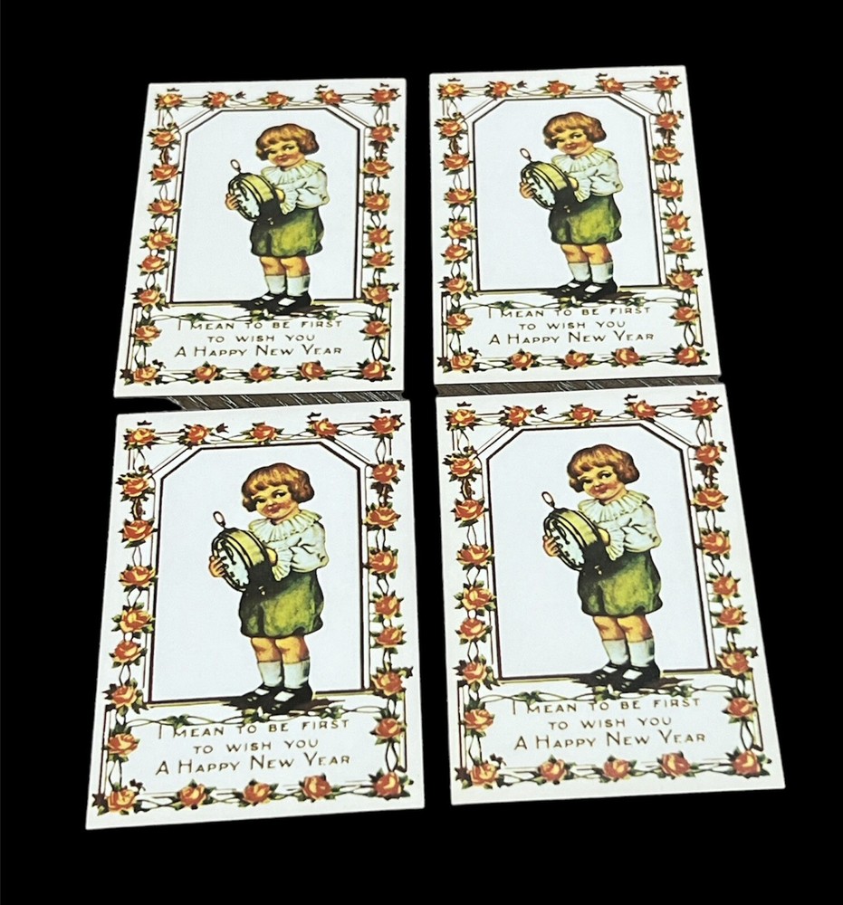 4 NOS VICTORIAN ERA NEW YEARS  GREETING POSTCARDS YOUNG BOY W/ CLOCK-image