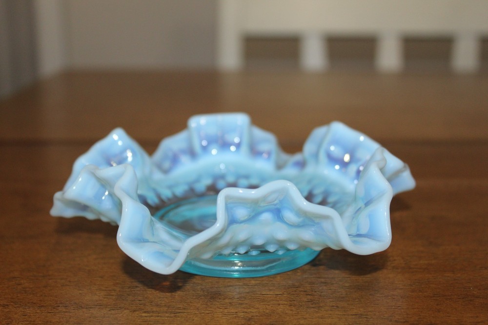 Vintage MCM Fenton Blue Opalescent Hobnail Ruffled Edge Candy Trinket Dish  5.5