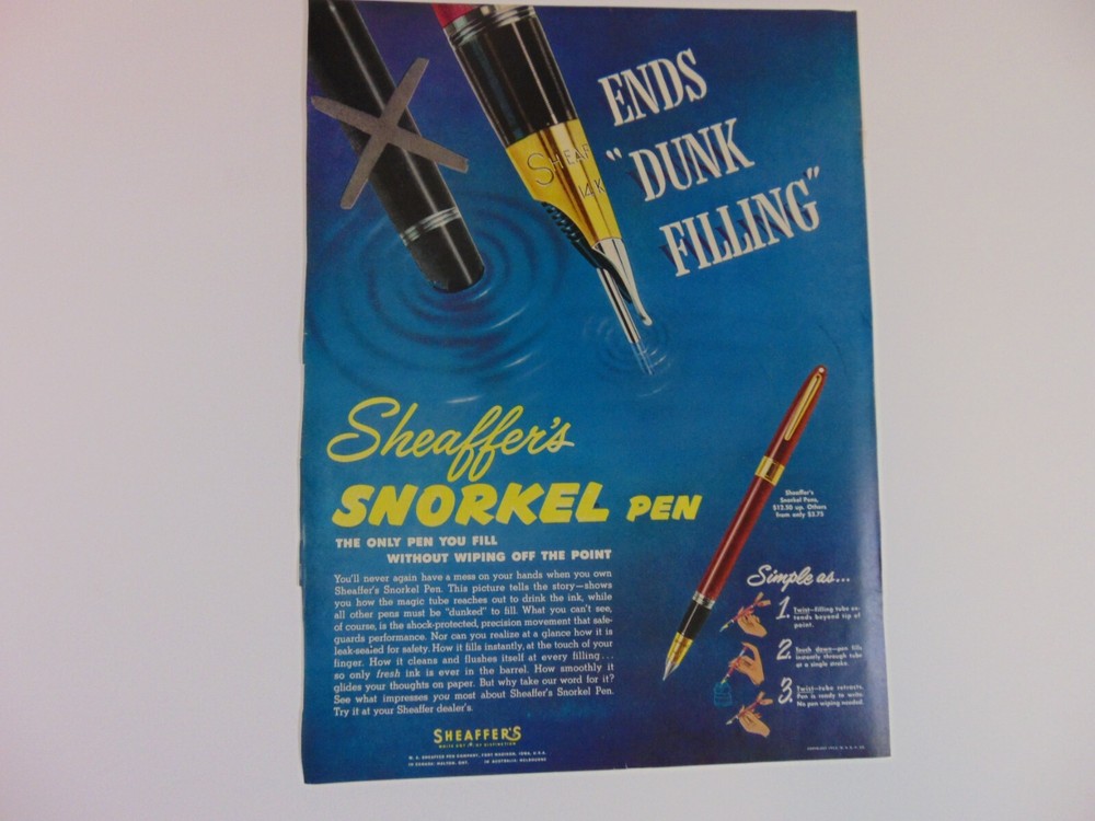1953 SHEAFFER'S SNORKEL PEN Ends Dunk Filling vintage print ad