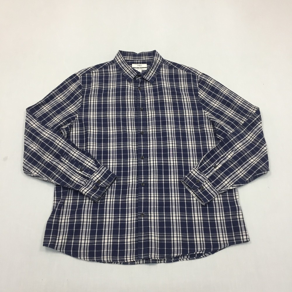 M&S Linen Mix Shirt Mens Extra Large Button Up Long Sleeve Blue Check (XL)