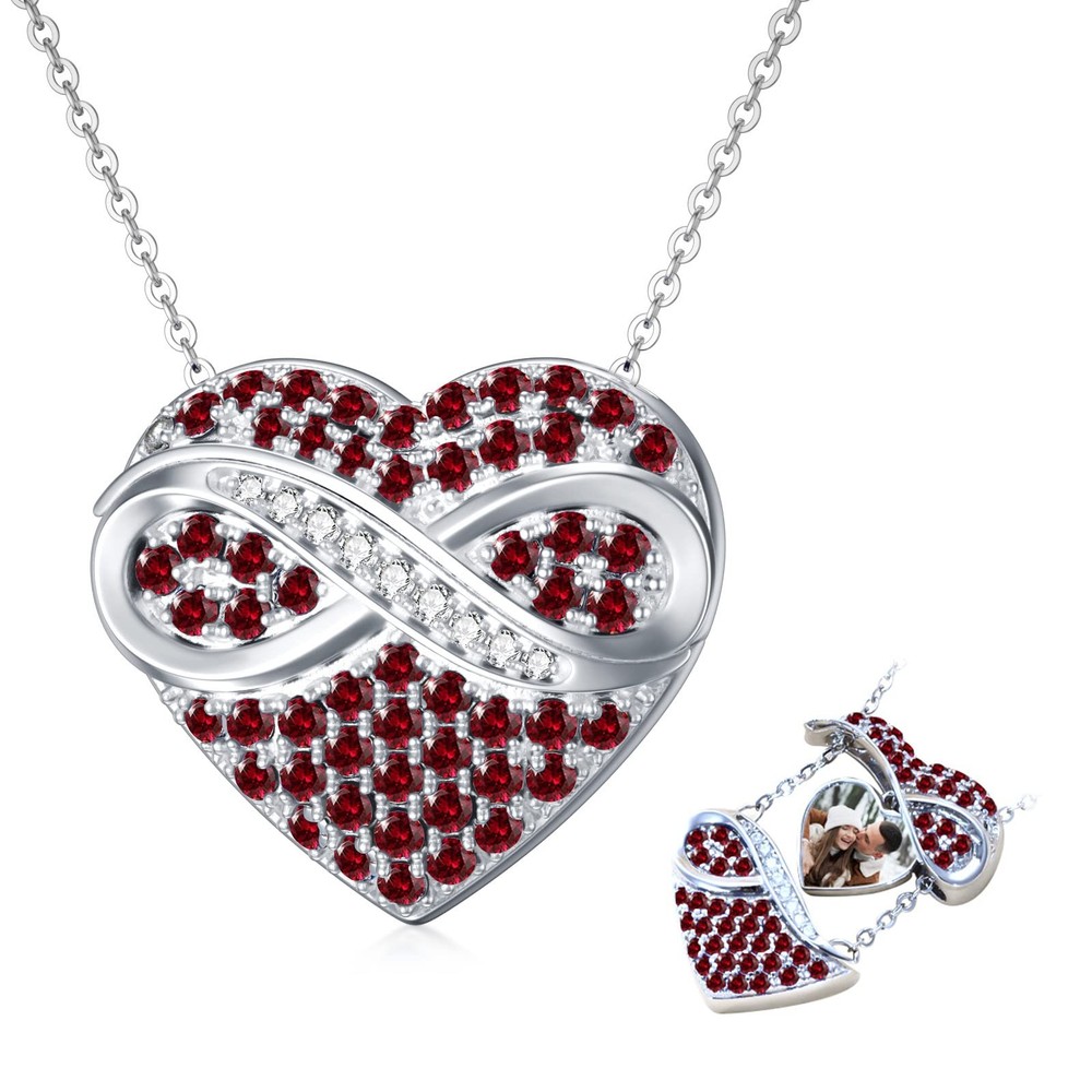 Garnet Locket Necklace 925 Sterling Sliver Infinity Heart Locket Necklace wit...