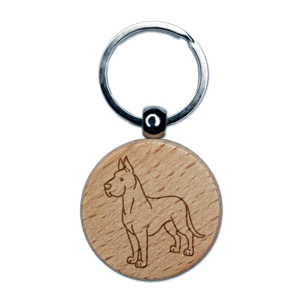 Great Dane Standing Dog Engraved Wood Round Keychain Tag Charm