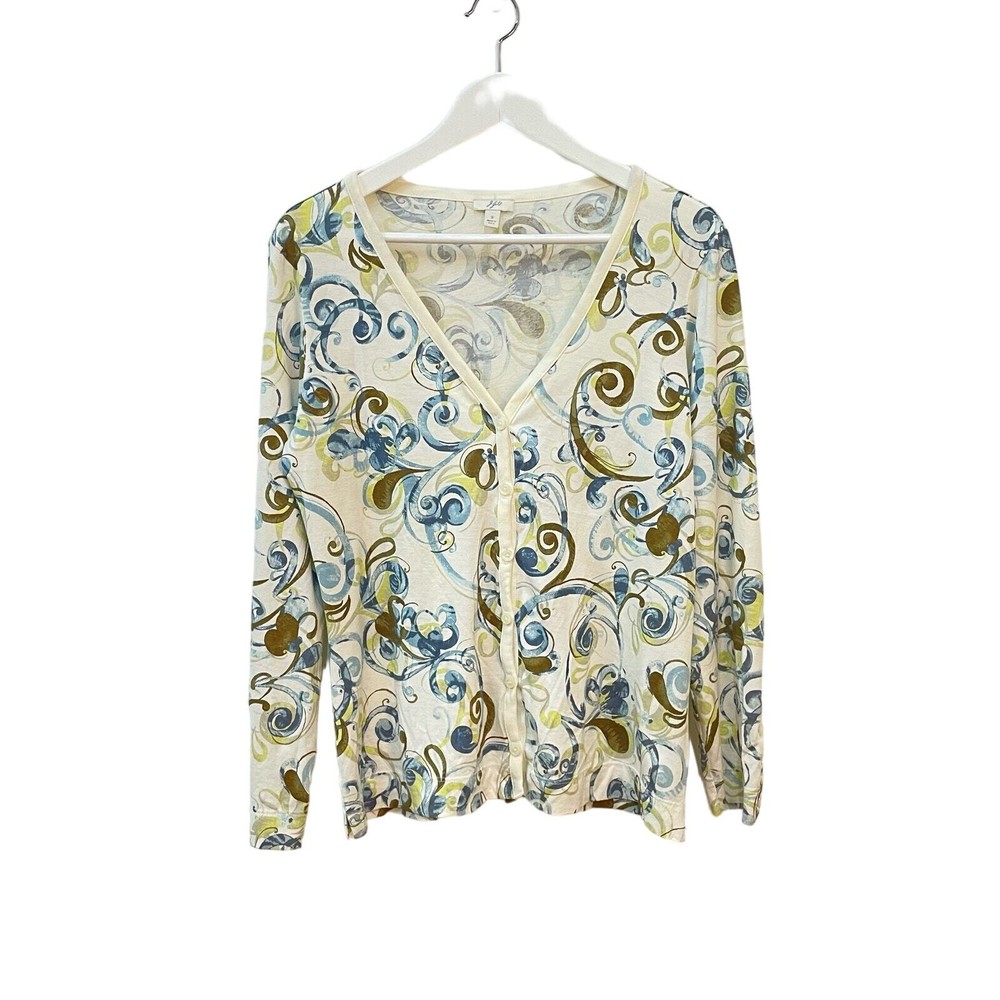 J Jill Cream Abstract Print V-Neck Pima Cotton Button Cardigan Size S
