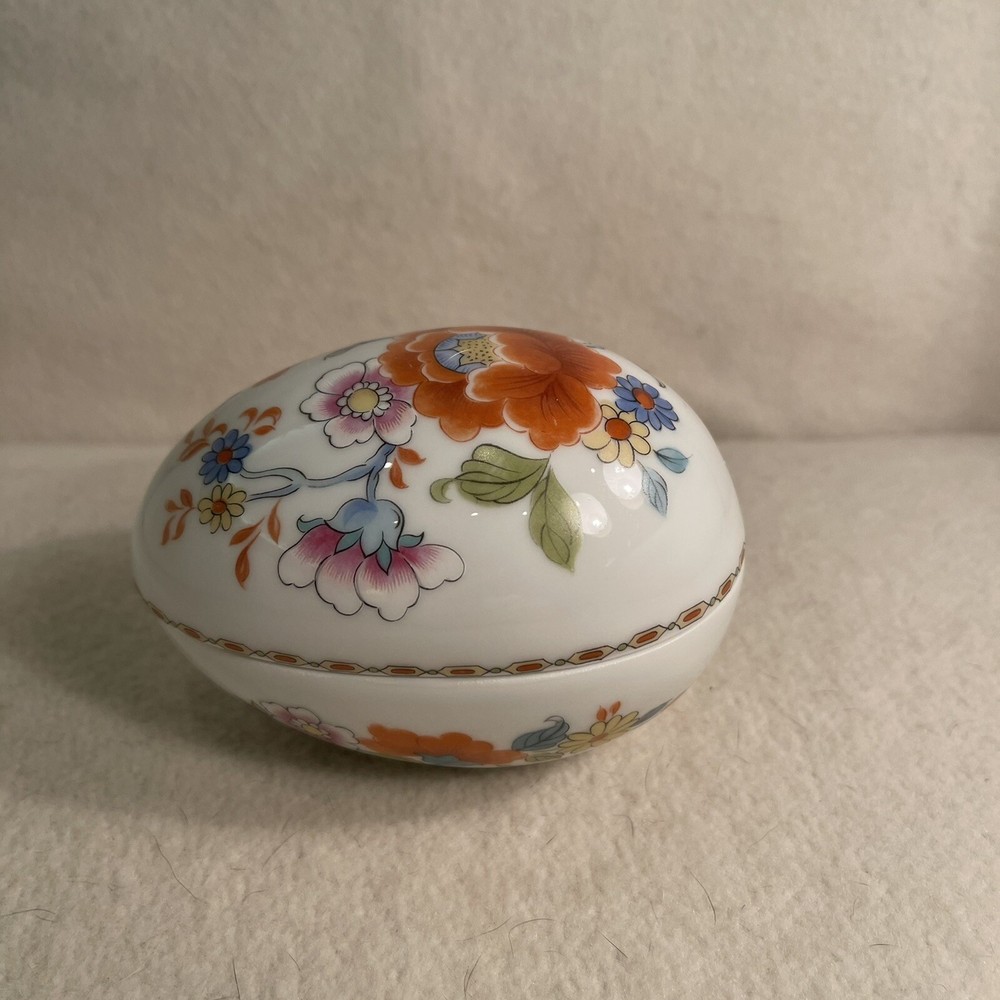 Limoge France Porcelain Egg Shaped Trinket Box Hand Painted Floral Design