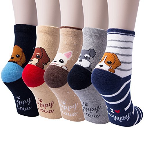 5 Pairs Womens Cute Socks Dog Cat Medium Dark Blue Khaki Apricot Gray Blue