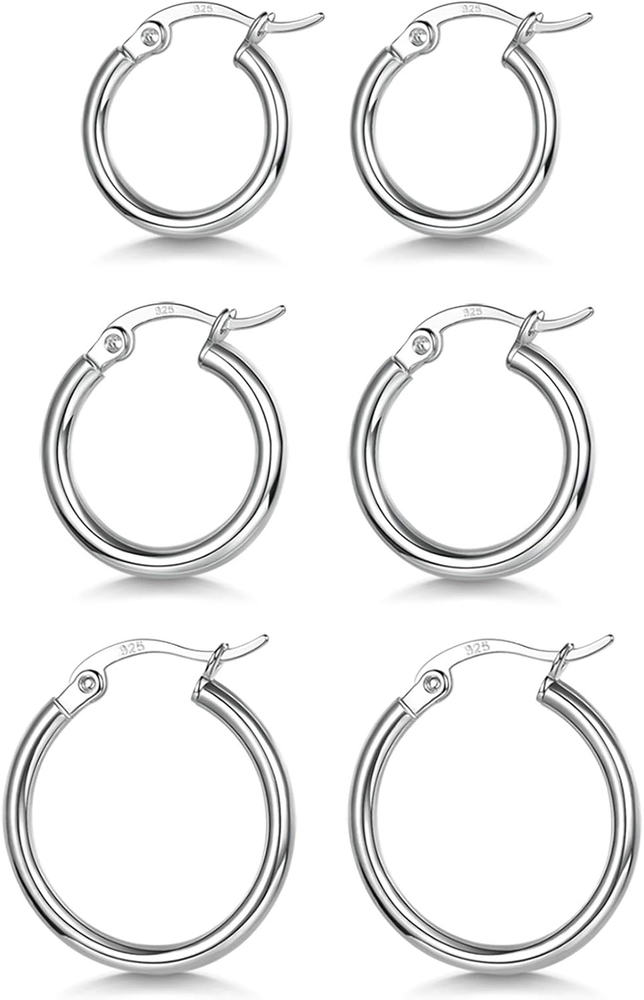 3 Pairs 925 Sterling Silver Hoop Earrings | Small White Gold Plated Hoop Earring