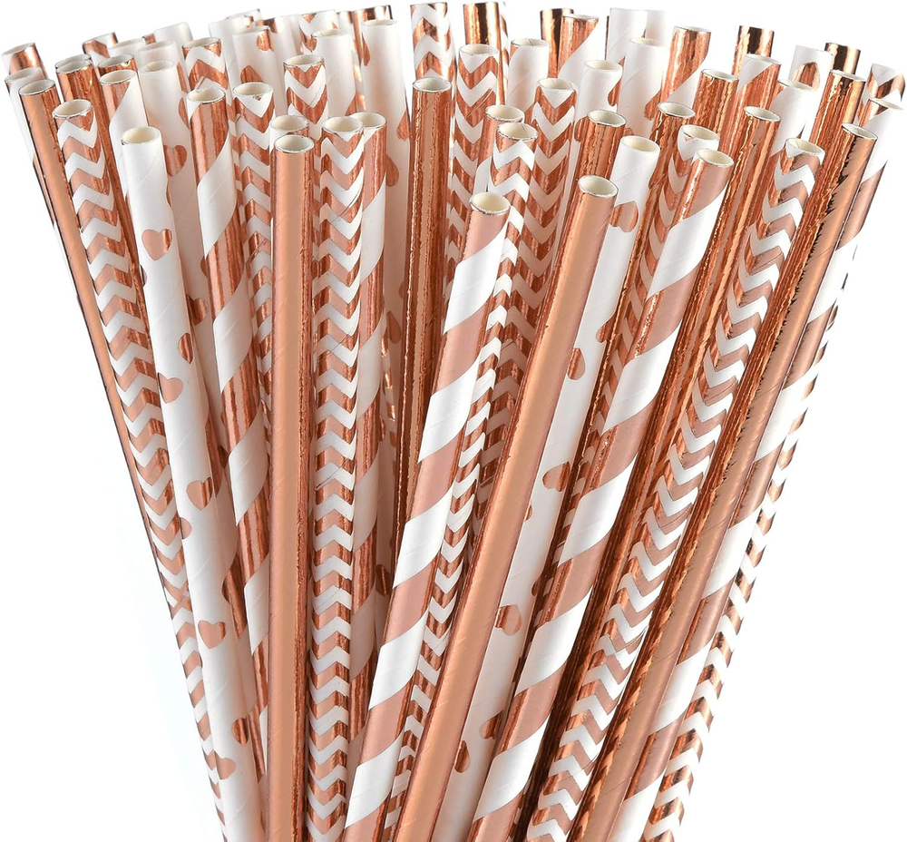 Biodegradable Rose Gold Paper Straws Bulk, Pack of 100 Metallic Foil Striped/Wav