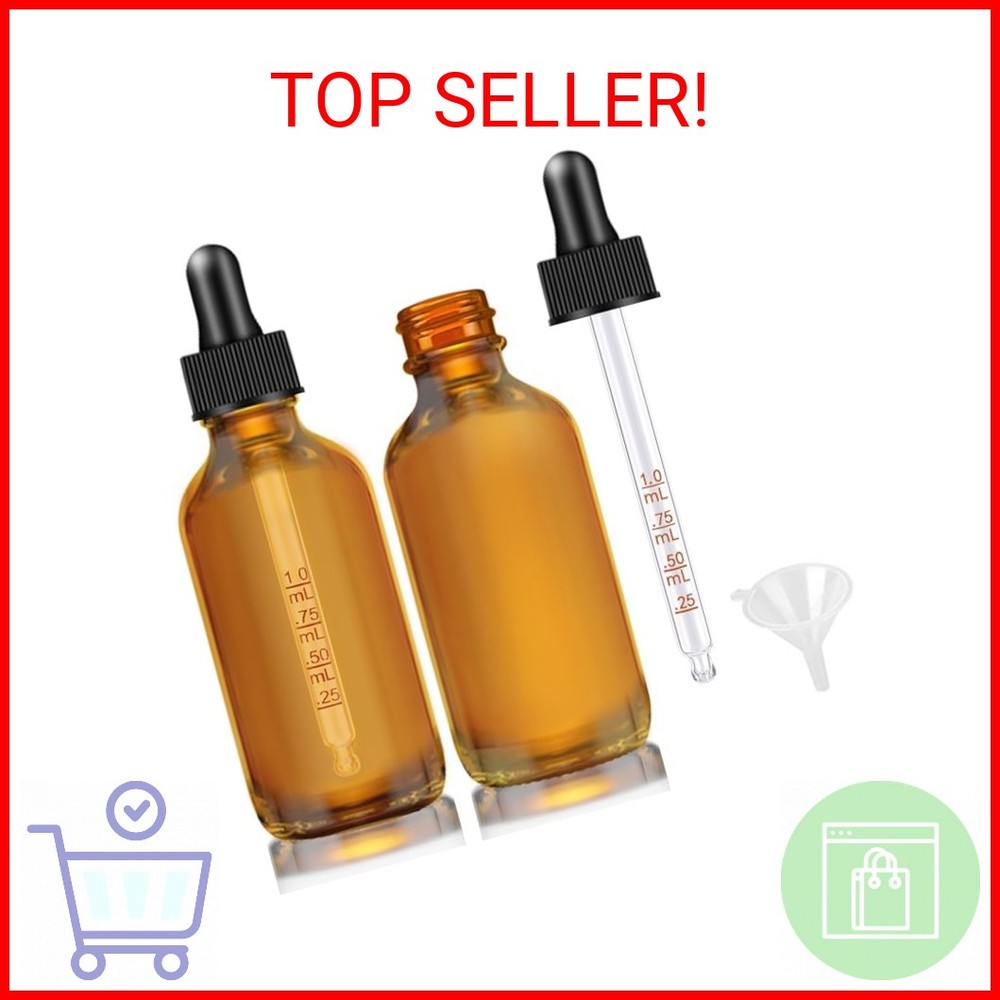 Bumobum Dropper Bottle 2 oz, 2 pack Amber Glass Eye Dropper Bottles with Labels