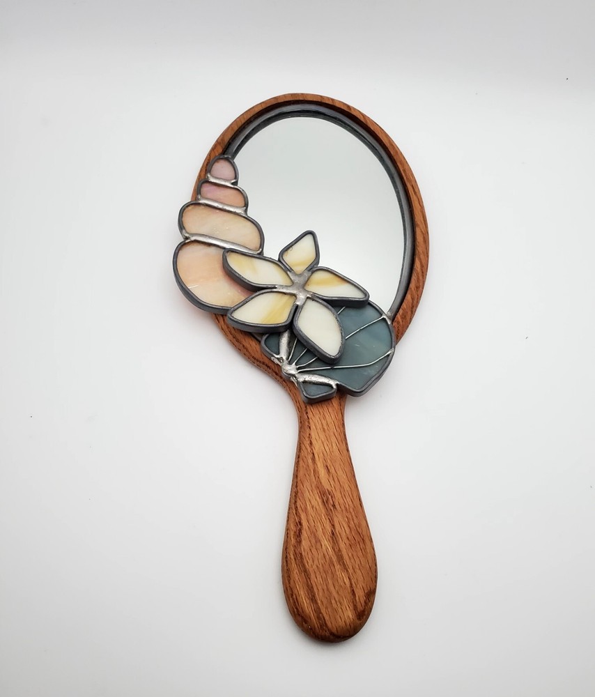 Handmade Stained Glass Seashells Vanity Hand Held Mirror Wood Stain 11