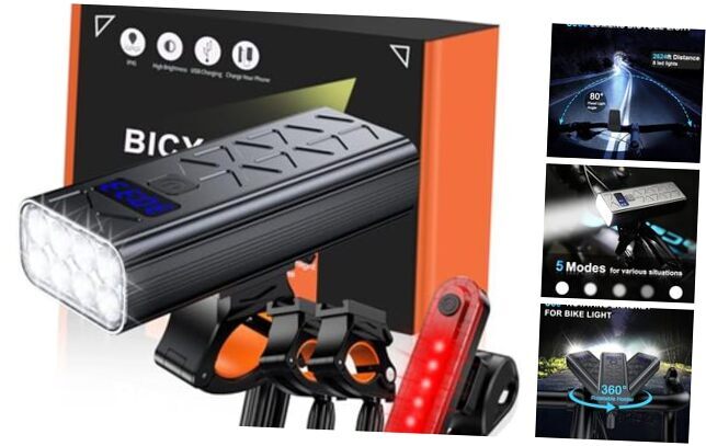 Rechargeable Bike Light Set, 8000 Lumens USB Bicycle Lights, Front Middle