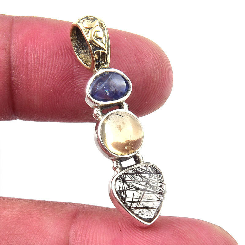 Natural Black Rutile Citrine 925 Sterling Silver Pendant 1.25 Inch Gift