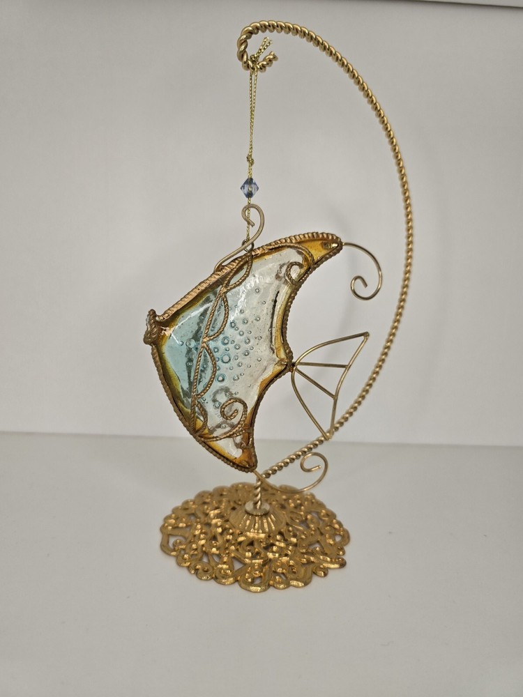 VTG Handmade Piece angel fish glass With Gold Tone Metal Trim Ornament